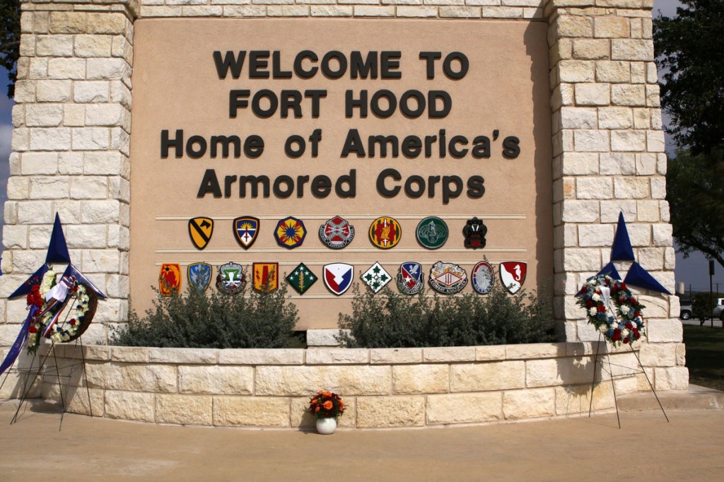 Main gate at the Fort Hood Army Base in Killeen, Texas. Image credit." UPI/ Robert Hughes.