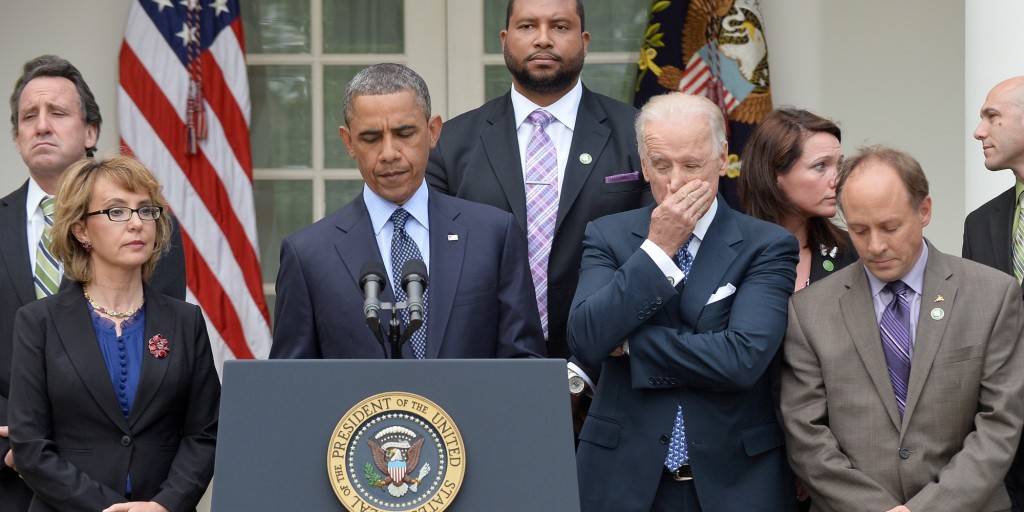President Barack Obama makes another gun control speech with lawmaker Gabrielle Giffords (front left), Vice President Joe Biden (front, right) and family members of Newtown, CT school shooting victims on April 17, 2013. President Obama & the Gun Control crowd's action have backfired. The group have become the poster children for #1 record-breaking Gun Sales in the USA - 5 years in a row. Image Credit: JEWEL SAMAD/AFP/Getty Images.