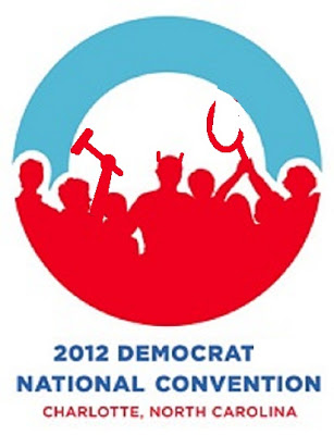 2012 Parody of Obama-DNC logo featuring symbols from the Russian flag including hammer and sickle; implying far left Marxists extremism. 